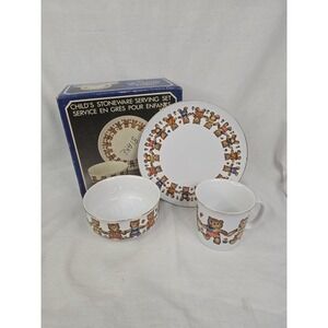 Vintage 1983‎ Action Industries Child Stoneware Teddy Bear 3pc Serving Set Japan
